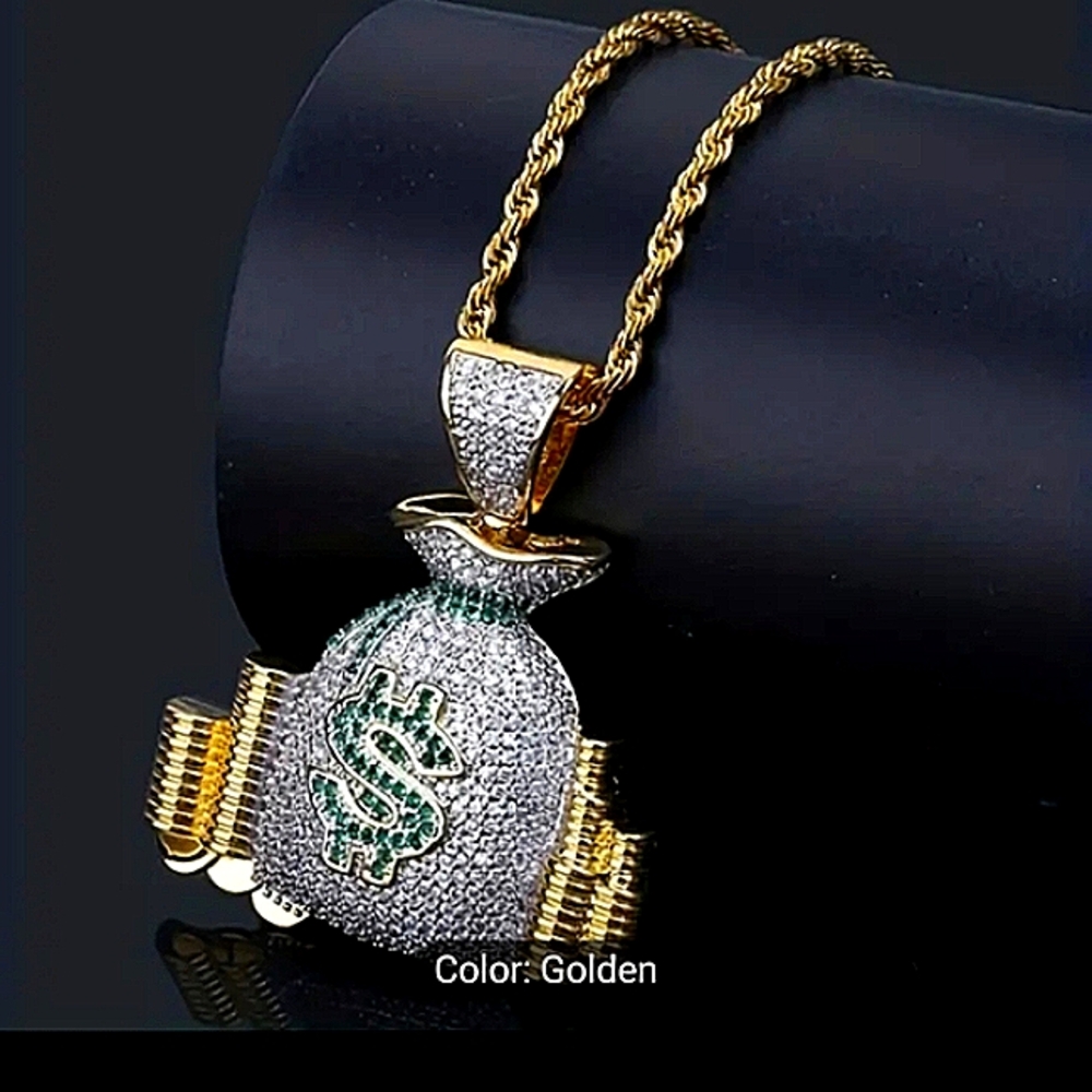 Jewelry iced hip-hop money bag medallion piece with gold plated rope chain